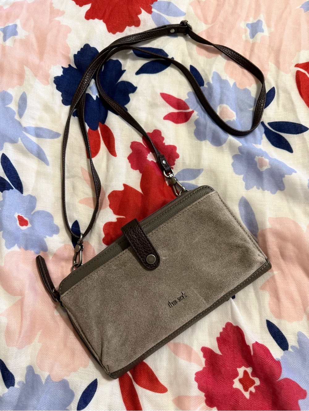 The Sak Taupe Suede Crossbody with Dark Brown Trim